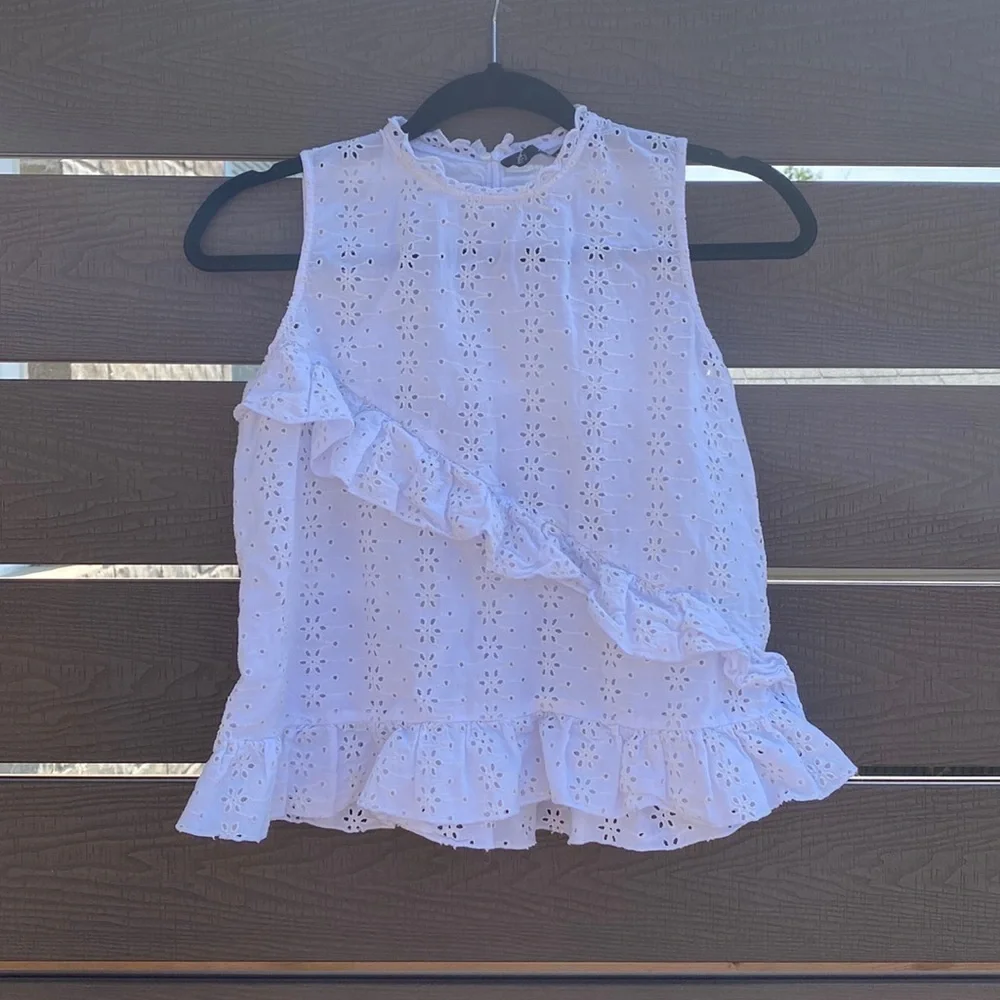 Zara opened eyelet ruffled blouse sleeveless white Size S - Picture 5 of 13